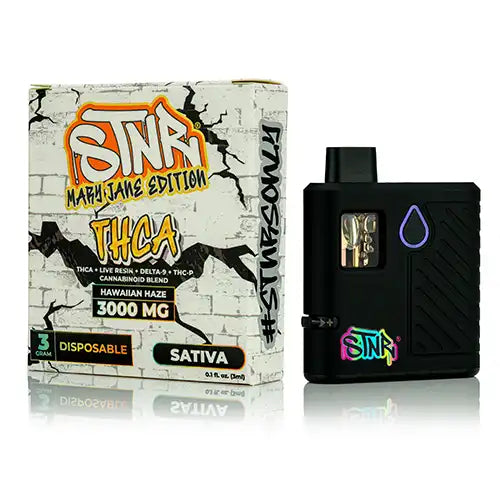 Disposable vape mod with packaging featuring branding on a white background