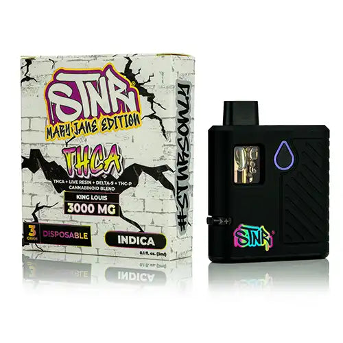 Black vape Mod with colorful branding next to a white box featuring similar branding and product details.