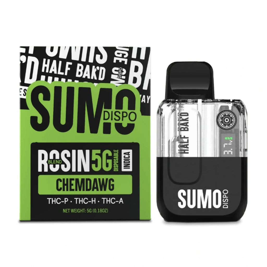 Sumo Dispo vape disposable mod device and packaging on a white background front view