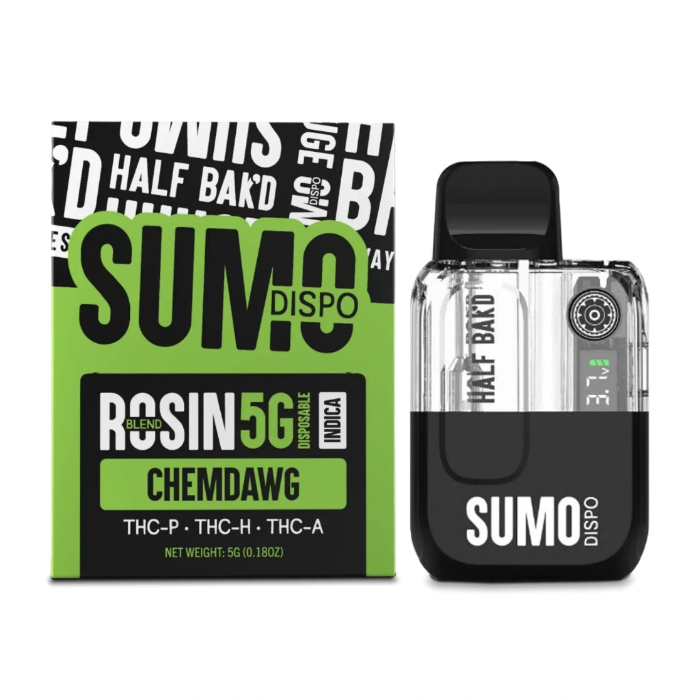 Sumo Dispo vape disposable mod device and packaging on a white background front view