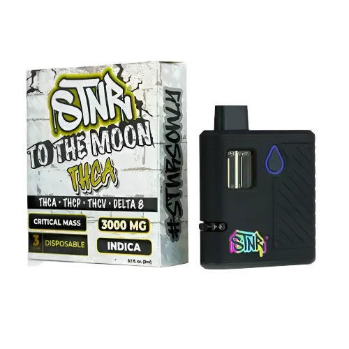 Black disposable vape mod with colorful branding next to its packaging on a white background