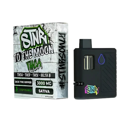 Black disposable vape mod with colorful branding next to its packaging on a white background