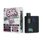 Black disposable vape mod with colorful branding next to its packaging on a white background