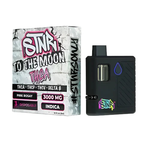 Black disposable vape mod with colorful branding next to its packaging on a white background